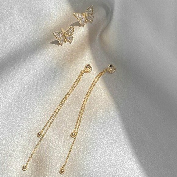 Gold Sterling Siver Butterfly Diamond Crystal Tassel Stud Earrings Party Gift - Picture 2 of 5